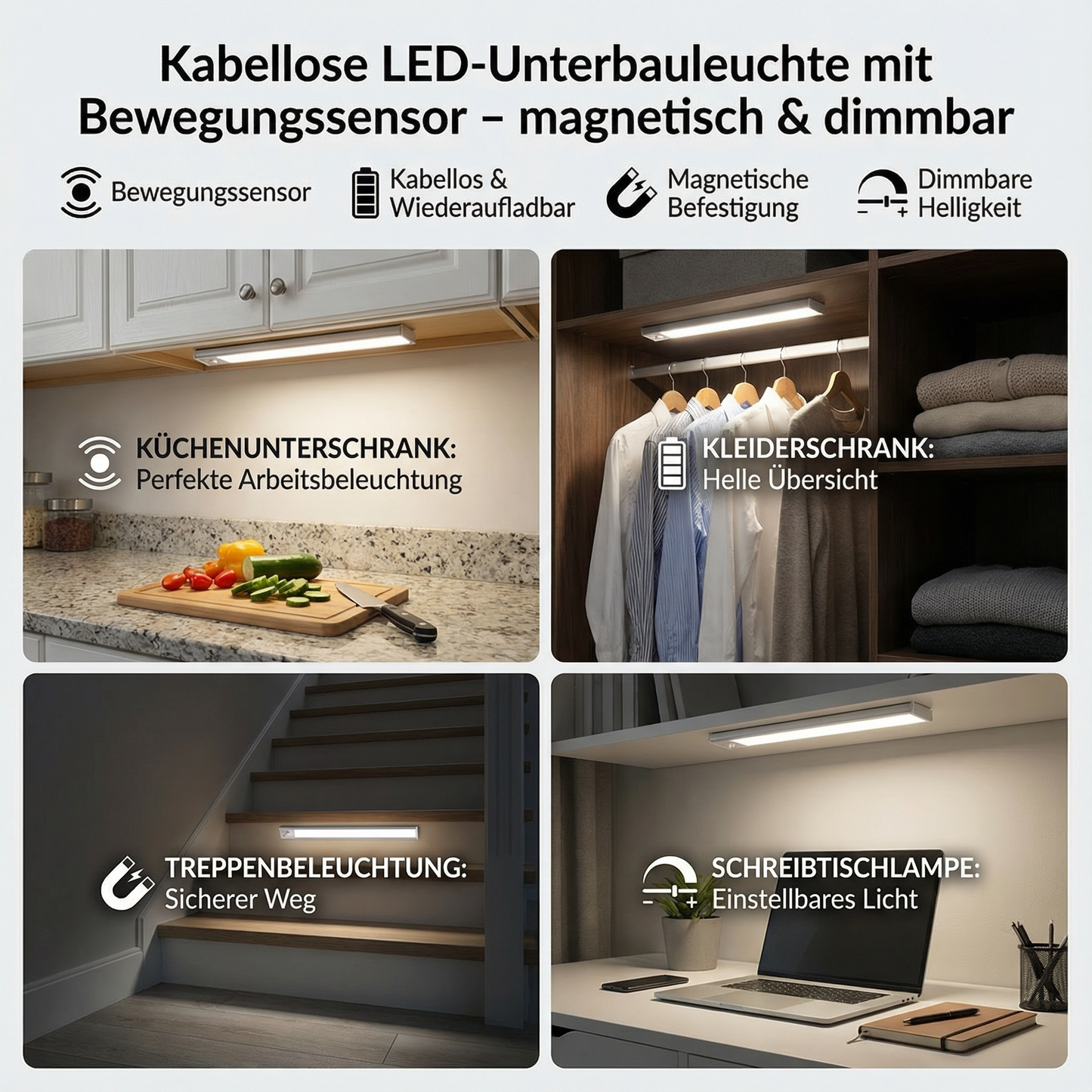 Trådløs LED-indbygget lampe med bevægelsessensor – magnetisk og dæmpbar